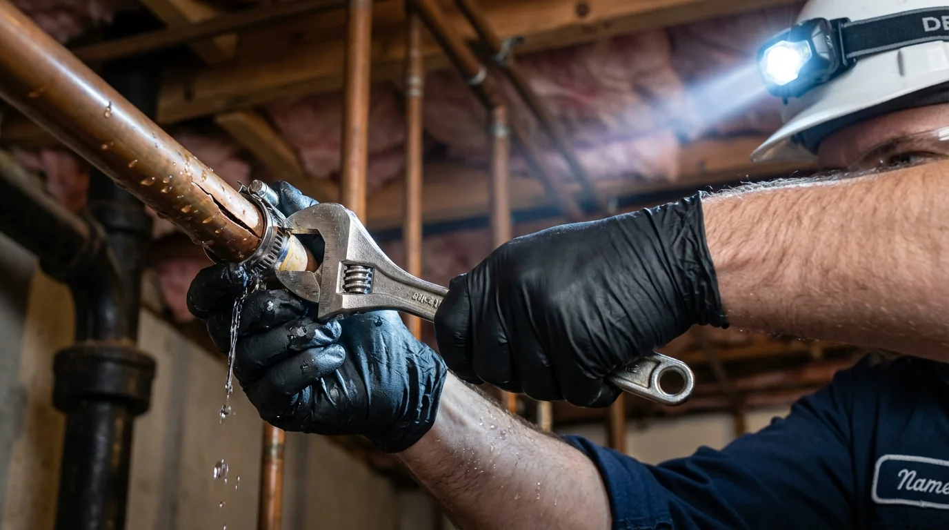 Emergency pipe clamp repair being performed by a Johns Plumbing LLC plumber in Manila