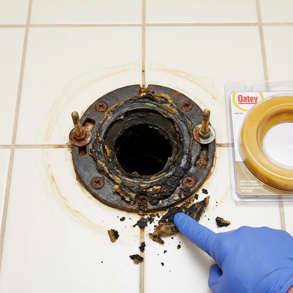 Failed wax ring showing water seepage at the base of a toilet in a Manila, AR home